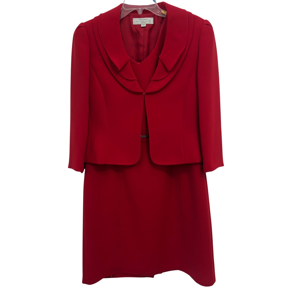 Tahari Arthur S Levine Red Dress Suit 12P Ruffle Collar Jacket Sheath Career